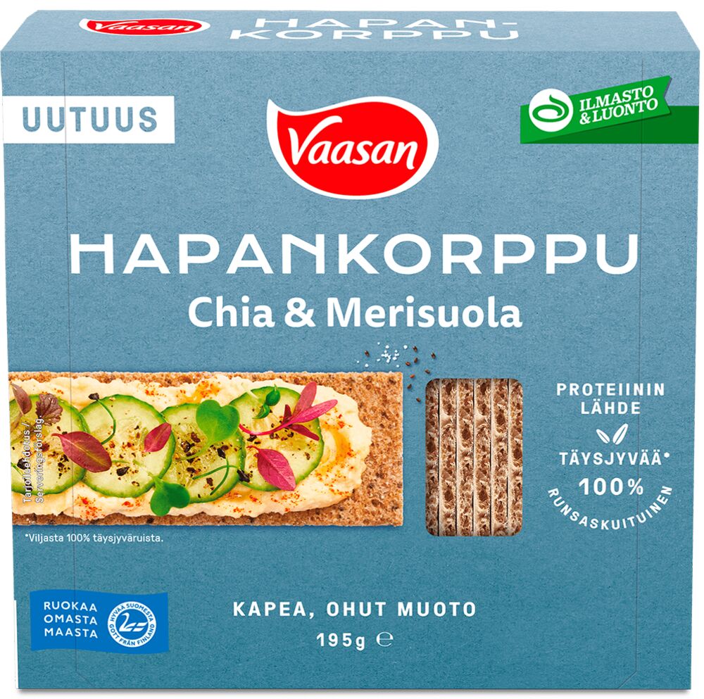 Uusin_Vaasan Hapankorppu Chia&Merisuola 195g-packshot_Original PNG